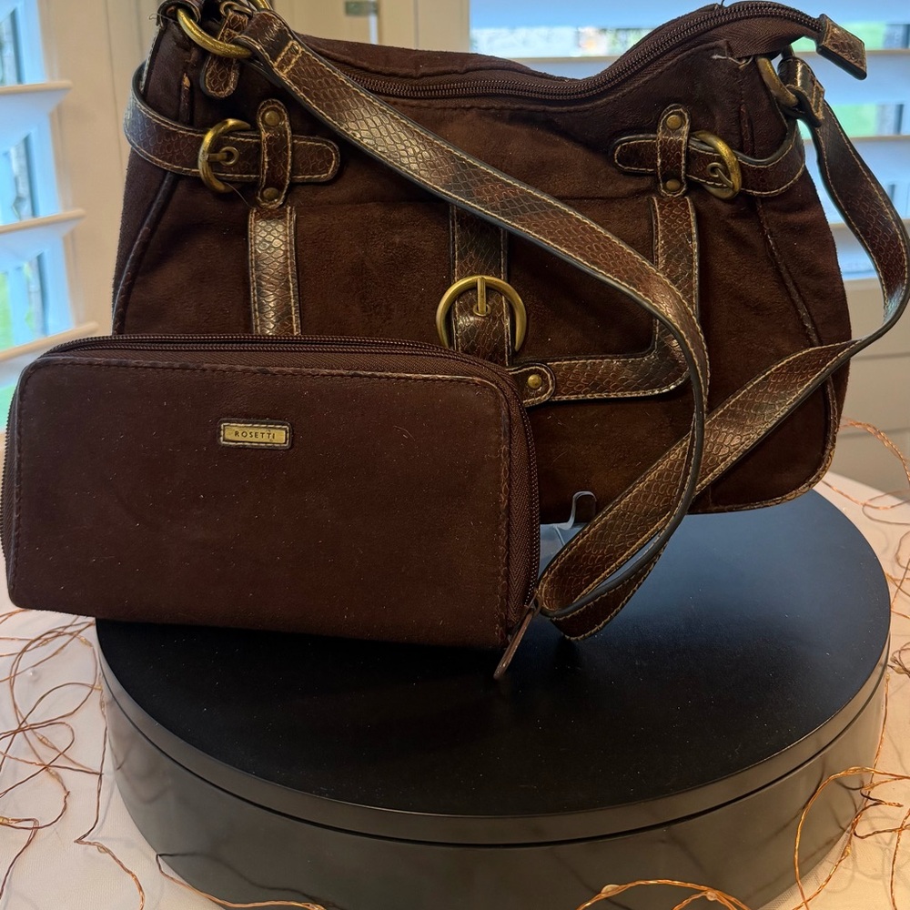 Rosetti Brown Faux Suede Shoulder Bag with Matching Wallet